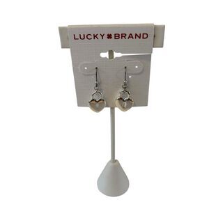 Bright Silvertoned Heart Lock Dangle Earrings.